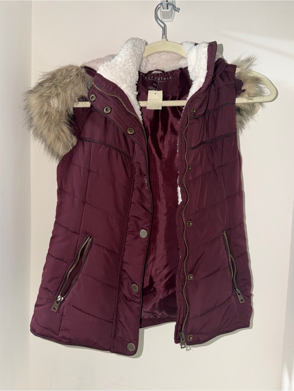 Women’s Aeropostale Quilted Puffer Vest with Faux Fur Hood - Burgundy